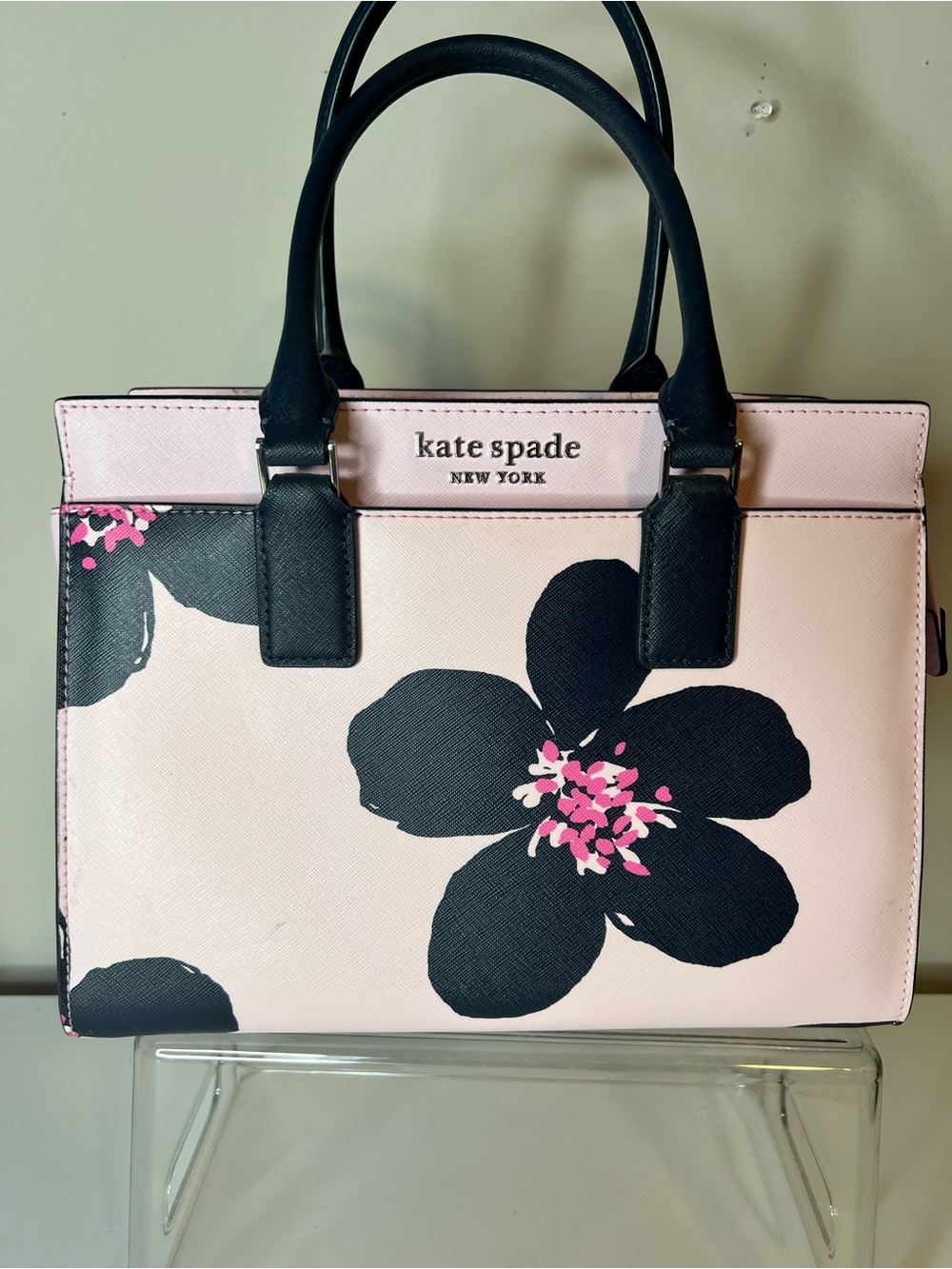 kate spade pink floral satchel with black trim